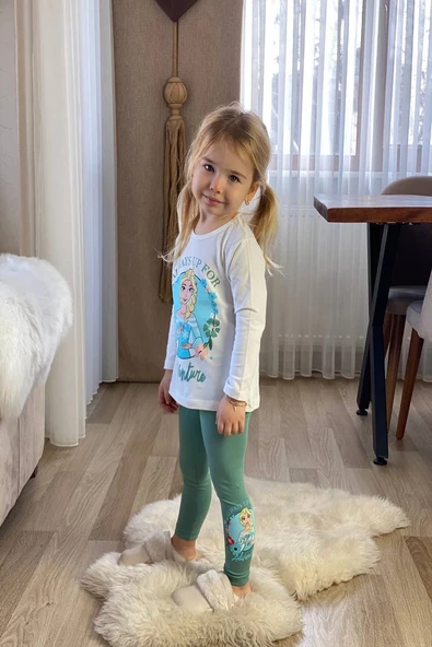 Elsa Desenli Yeşil Renk Kız Çocuk Taytlı Takım ürün görseli 1