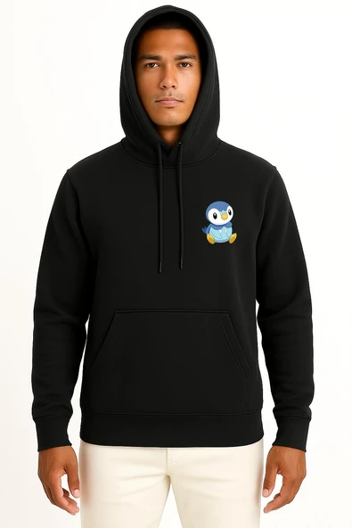 Kapüşonlu Piplup Cep Baskılı Unisex Sweatshirt - Resim 9