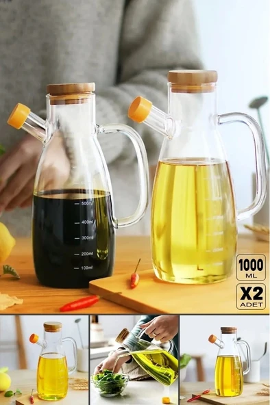 Thn 2 li bambu kapaklı cam yağlık sirkelik 1000 ml. cam sürahi ürün görseli 1