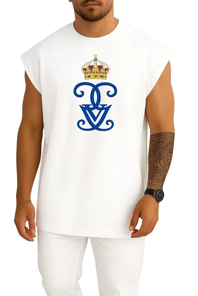 Oversize İsveçli Gustaf V Royal Cypher Monogram Monarch Göğüs Baskılı Atlet - Resim 7