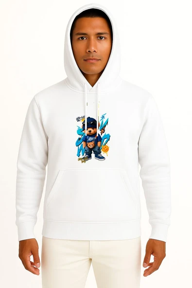 Kapüşonlu Teddy Bear Just Cool Boy Göğüs Baskılı Unisex Sweatshirt ürün görseli 1