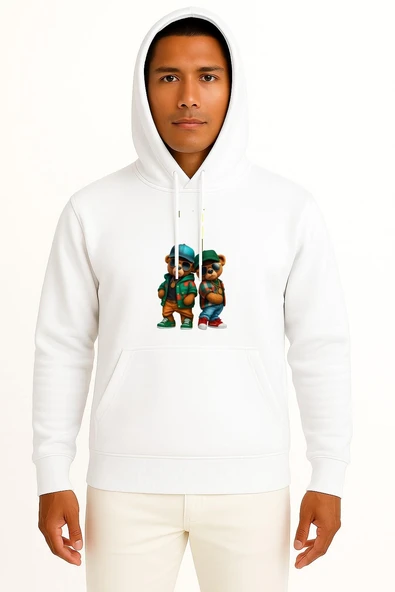 Kapüşonlu Teddy Bear Gözlüklü 2 Ayı Göğüs Baskılı Unisex Sweatshirt ürün görseli 1