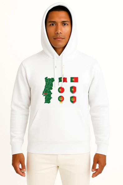 Kapüşonlu Portekiz Haritası Ve Bayrağı Göğüs Baskılı Unisex Sweatshirt ürün görseli 1
