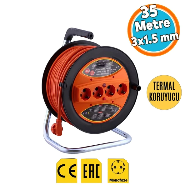 Uzatma Kablosu Makaralı CCA 3x1.5 mm 35 Metre Plastik Seyyar Makara Termal Sigortalı 4 Prizli Monofaze ürün görseli 1