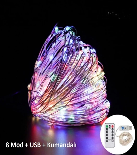 Ev Balkon ve Parti İçin 10 Metre Renkli Kumandalı Usb Peri Led 8 Modlu Animasyonlu Yılbaşı Süsü Işık ürün görseli 1