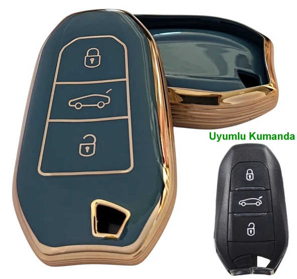 Proace Rifter Berlingo Combo DS Uyumlu Smart Kumanda Anahtar Kılıfı Oto Anahtarlık Turkuaz Gold ürün görseli 1