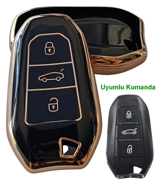 Proace Rifter Berlingo Combo DS Uyumlu Smart Kumanda Anahtar Kılıfı Oto Anahtarlık Siyah Gold ürün görseli 1