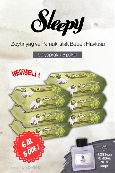 Sleepy 90'lı 6 AL 5 ÖDE Zeytinyağ ve Pamuklu Bebe Islak Havlu, Rosie Pudra Oda Kokusu ürün görseli 1