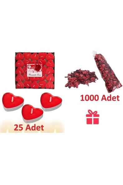 1000 Kuru Gül Yaprağı + 25 Adet Tealight Kalpli Mum Romantik Paket Sevgililer Gününe Özel Evlilik Teklif Paketi ürün görseli 1