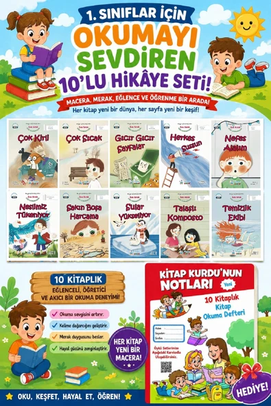 1.Sınıflar İçin Okumayı Sevdiren 10 lu Hikaye Seti 8 (Kitap Okuma Defteri Hediyeli) ürün görseli 1