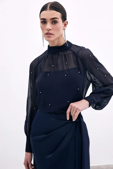 1553 SATEEN TAŞ İŞLEMELİ ŞİFON BLUZ - Resim 6