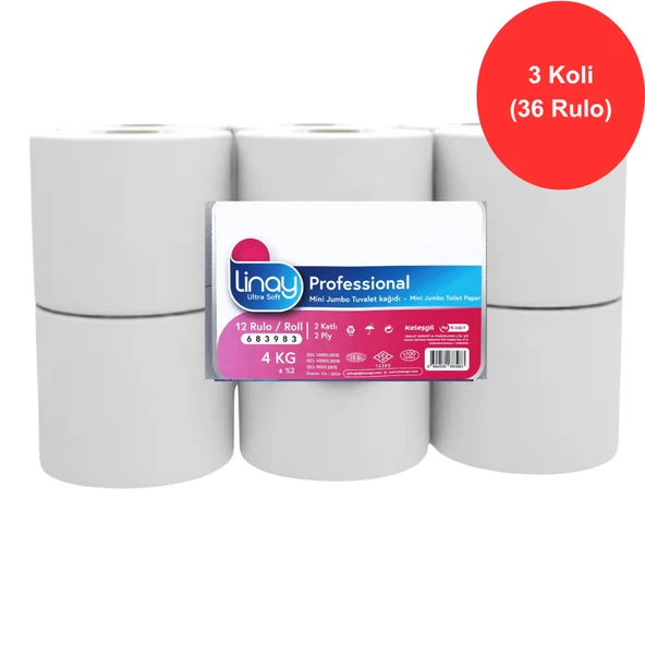Linay Mini Jumbo Tuvalet Kağıdı 12 Rulo x 3 Koli Toplam 36 Rulo, 2 Katlı, 9.8 cm x 95 m,%100 Selüloz ürün görseli 1