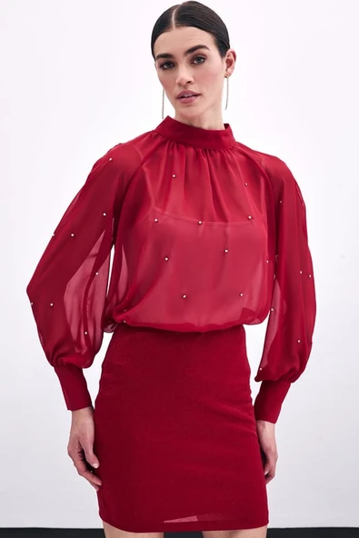 1553 SATEEN TAŞ İŞLEMELİ ŞİFON BLUZ - Resim 9