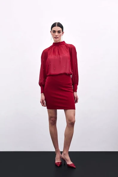 1553 SATEEN TAŞ İŞLEMELİ ŞİFON BLUZ - Resim 10