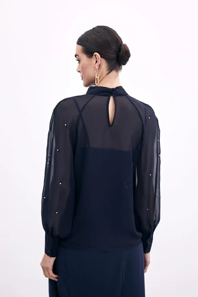 1553 SATEEN TAŞ İŞLEMELİ ŞİFON BLUZ - Resim 8