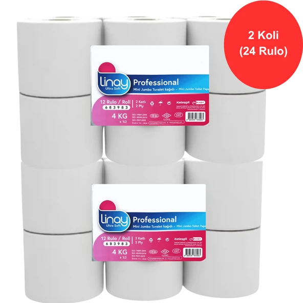 Linay Mini Jumbo Tuvalet Kağıdı 12 Rulo x 2 Koli Toplam 24 Rulo, 2 Katlı, 9.8 cm x 95 m,%100 Selüloz ürün görseli 1
