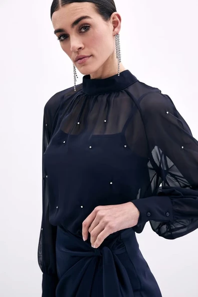 1553 SATEEN TAŞ İŞLEMELİ ŞİFON BLUZ - Resim 5