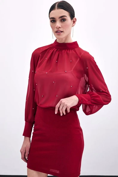1553 SATEEN TAŞ İŞLEMELİ ŞİFON BLUZ - Resim 12