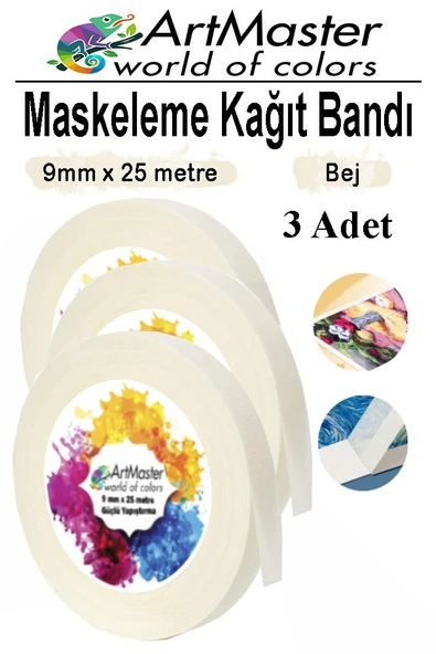Kağıt Bant Maskeleme Bandı 9 mm 25 Metre 3 Adet Boya Bantı Maskeleme Kağıt Bant Duvar Yağlı Boya Badana Çok Amaçlı ürün görseli 1