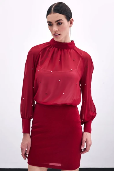 1553 SATEEN TAŞ İŞLEMELİ ŞİFON BLUZ - Resim 11