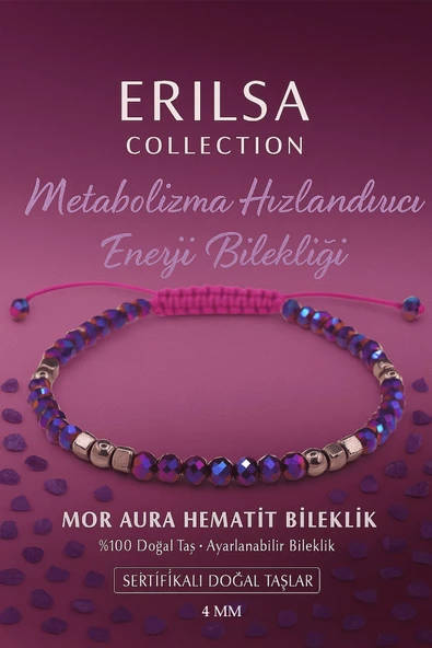 Sertifikalı Metabolizma Hızlandırıcı Enerji Bilekliği -  Mor Aura Hematit Terahertz Doğal Taş 4mm ürün görseli 1