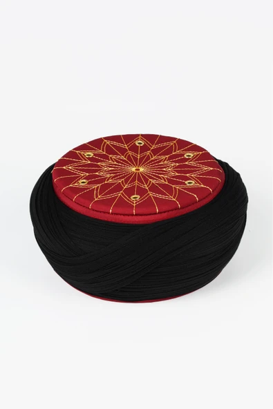 Talebe Sarığı - Siyah Kumaş - Bordo Takke - Çapraz Sarım - Kuş Gözü - 7 metre ürün görseli 1