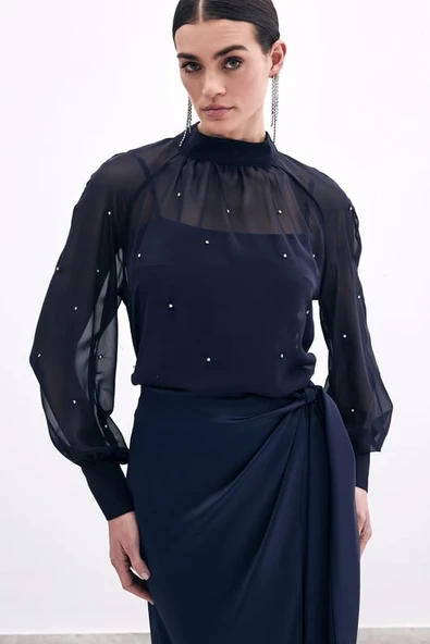 1553 SATEEN TAŞ İŞLEMELİ ŞİFON BLUZ - Resim 7