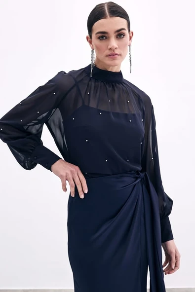 1553 SATEEN TAŞ İŞLEMELİ ŞİFON BLUZ - Resim 3