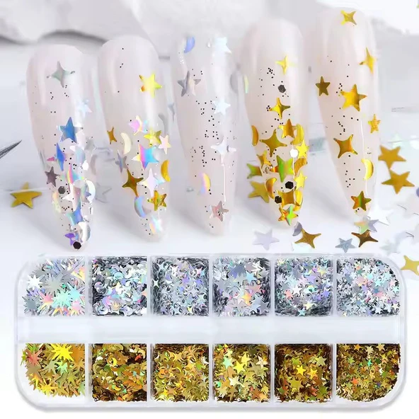 Holografik Gold Gümüş Ay ve Yıldızlar Tırnak Süsleme Folyo Pulları Mix Nail Art ürün görseli 1
