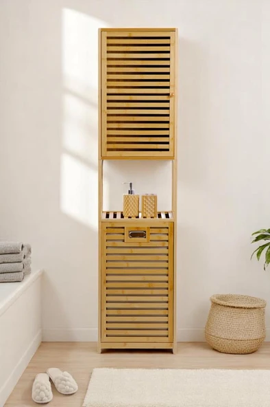 Digithome Bambu Kirli Sepetli 1 Raflı Kapaklı Banyo Dolabı Banyo Düzenleyici Çamaşır Sepeti Organizer DB-0010 ürün görseli 1