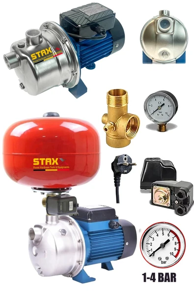 STAXX POWER SUS304 Paslanmaz Gövdeli İnox Jet Motorlu Otomatik Paket Hidrofor Tanklı Jet 1HP Full Hidrofor Seti ürün görseli 1