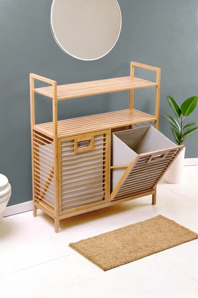 Digithome Bambu 2'li Kirli Sepetli 2 Raflı Çok Amaçlı Banyo Düzenleyici Çamaşır Sepeti DB-0040 ürün görseli 1