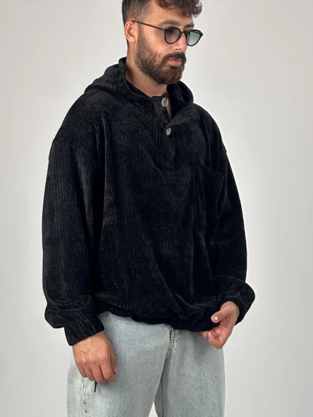 Kadife Dokulu Siyah Oversize Kapüşonlu Erkek Sweatshirt COC1038 ürün görseli 1