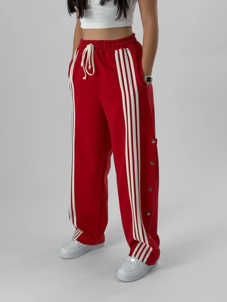 Kadın Şeritli Kırmızı Baggy Pantolon COC1080 ürün görseli 1