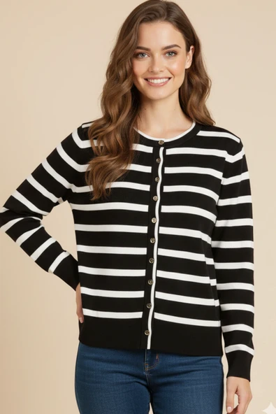 Cemo Basic Düğmeli Çizgili Uzun Kollu İnce Triko - Resim 6