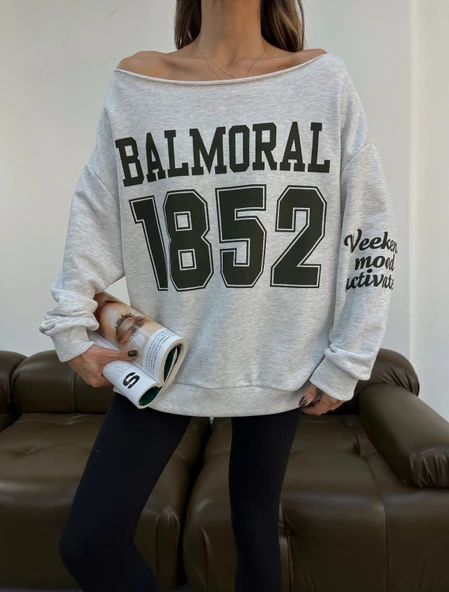 Cemo Kayık Yaka Baskılı Oversize Şardonlu Sweat - Resim 2