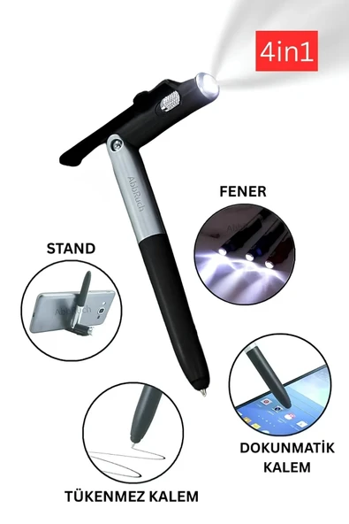 4in1 Dokunmatik Kalem Fenerli Telefon Standı Tükenmez Kalem Tablet Telefon Uyumlu Stylus Pen Çizim ürün görseli 1