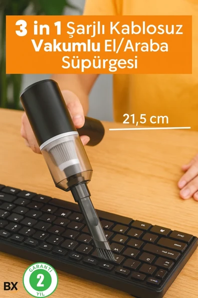3 in 1 Şarjlı Kablosuz Vakumlu El Süpürgesi Araç, Ev ve Ofis İçin Güçlü Taşınabilir Mini Elektrikli Süpürge ürün görseli 1