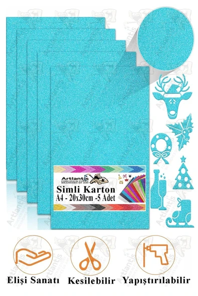 Simli Karton A4 20x30 cm 5 li 1 Paket Simli Fon Kartonu Parıltılı Kağıt Anasınıfı Kreş Etkinlik Proje Dekoratif ürün görseli 1
