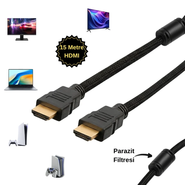 15 Metre Ekstra Koruma Hasır Örgülü Altın Uçlu Parazit Filtreli (Ferrit Çekirdek) HDMI Kablo ürün görseli 1