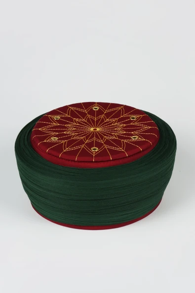 Talebe Sarığı - Yeşil Kumaş - Bordo Takke - Düz Sarım - Kuş Gözü - 7 metre ürün görseli 1