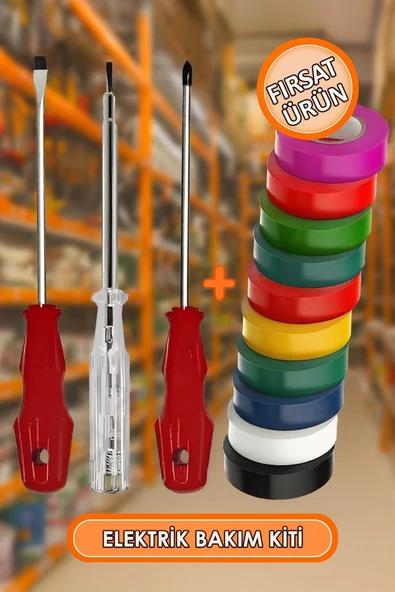 13 Parça Elektrik Bakım Seti Yıldız ve Düz Tornavida + Kontrol Kalemi + 10 Adet Renkli Elektrik Bant ürün görseli 1