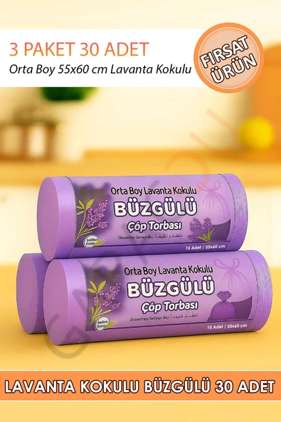 Orta Boy Lavanta Kokulu Büzgülü 55x60 Cm Çöp Poşeti Torbası 3 Paket - 30 Adet ürün görseli 1