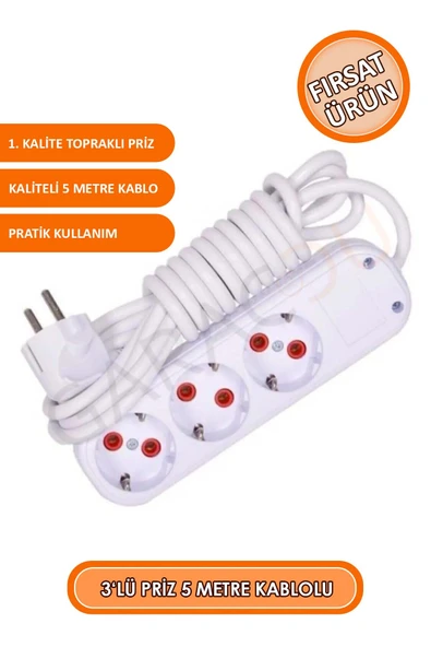3'lü Topraklı Priz 5 Metre Uzatma Kablolu Seyyar Üçlü Grup Priz, Uçlü Priz 5 Metre ürün görseli 1