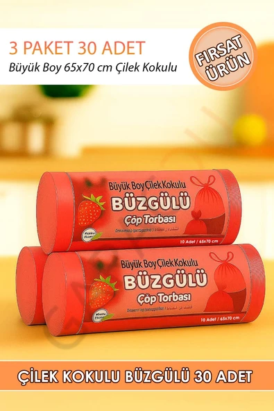 Büyük Boy Çilek Kokulu Büzgülü 65x70 Cm Çöp Poşeti Torbası 3 Paket - 30 Adet ürün görseli 1