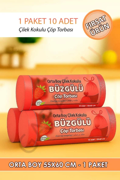 Çilek Kokulu Büzgülü Çöp Torbası 10'lu 1 Paket - Orta Boy 55x60 Cm ürün görseli 1