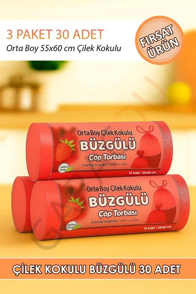Orta Boy Çilek Kokulu Büzgülü 55x60 Cm Çöp Poşeti Torbası 3 Paket - 30 Adet ürün görseli 1