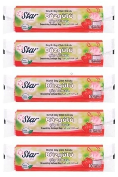 Büzgülü Çöp Torbası / Poşeti - Büyük Boy 65x70 - Çilek Kokulu - 5 Rulo = 50' Li ürün görseli 1