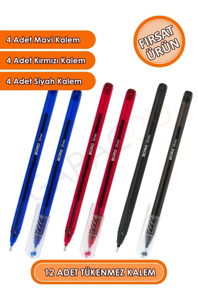 12 Adet Kaliteli Tükenmez Kalemler 4 Mavi Kalem, 4 Kırmızı Kalem, 4 Siyah Kalem Toplam 12 Adet ürün görseli 1