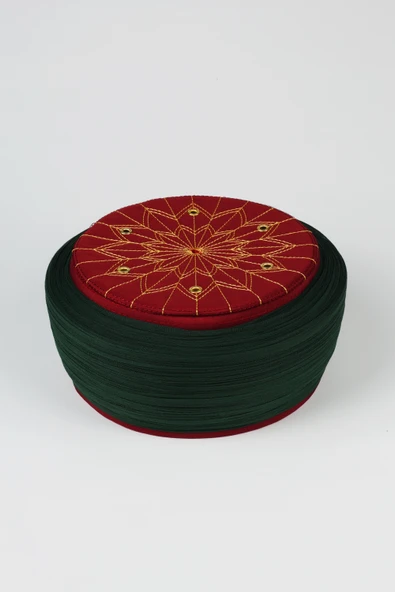 Talebe Sarığı - Yeşil Kumaş - Bordo Takke - Düz Sarım - Kuş Gözü - 5 metre ürün görseli 1